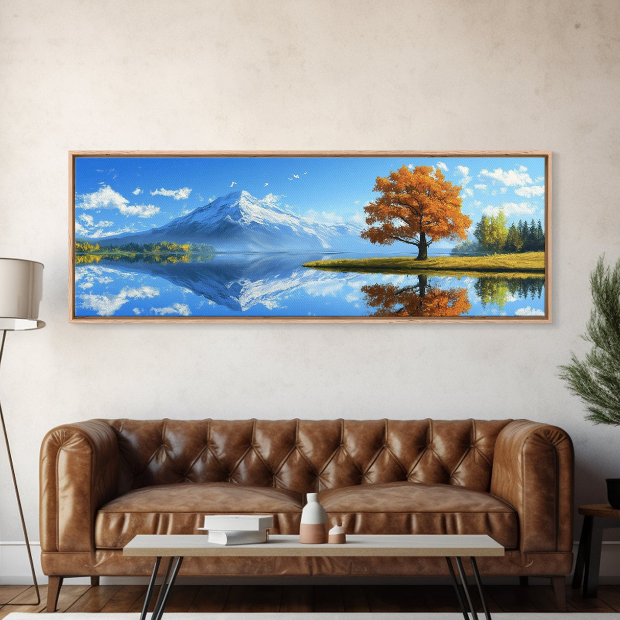 Large Framed Landscape Art | Reflections In The Lake | Panoramic Landscape Painting Framed Canvas Print | Canvas Wall Art