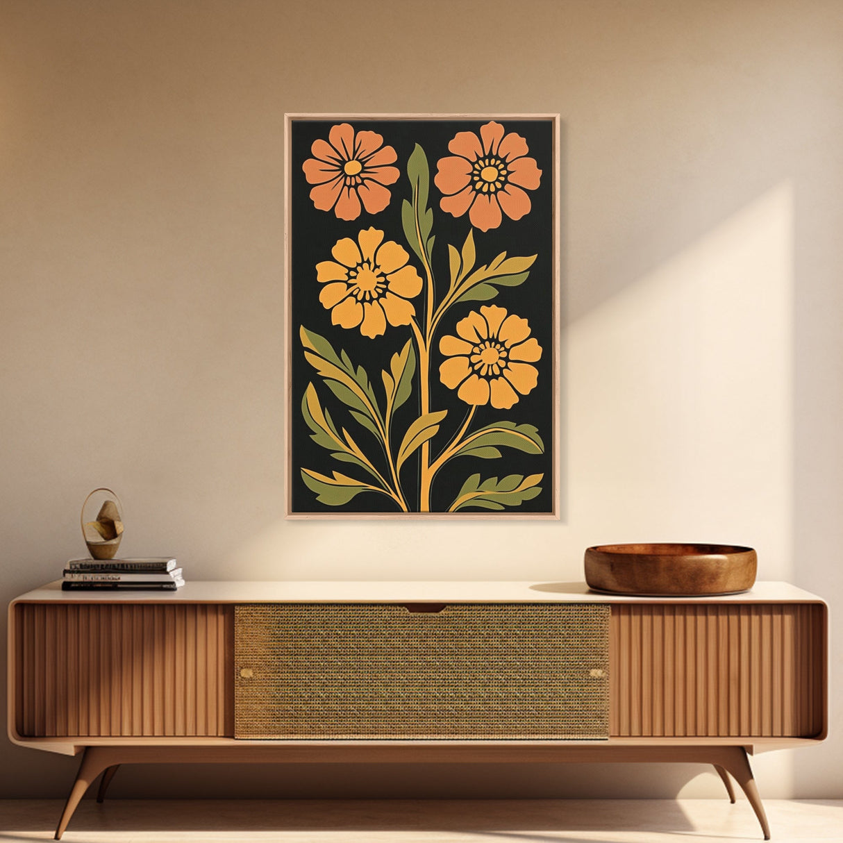 Abstract Geometric Flowers, Minimalist Botanical Floral Canvas Wall Art Print, Mid Century Modern Boho Decor, Neutral Subdued Flower Art