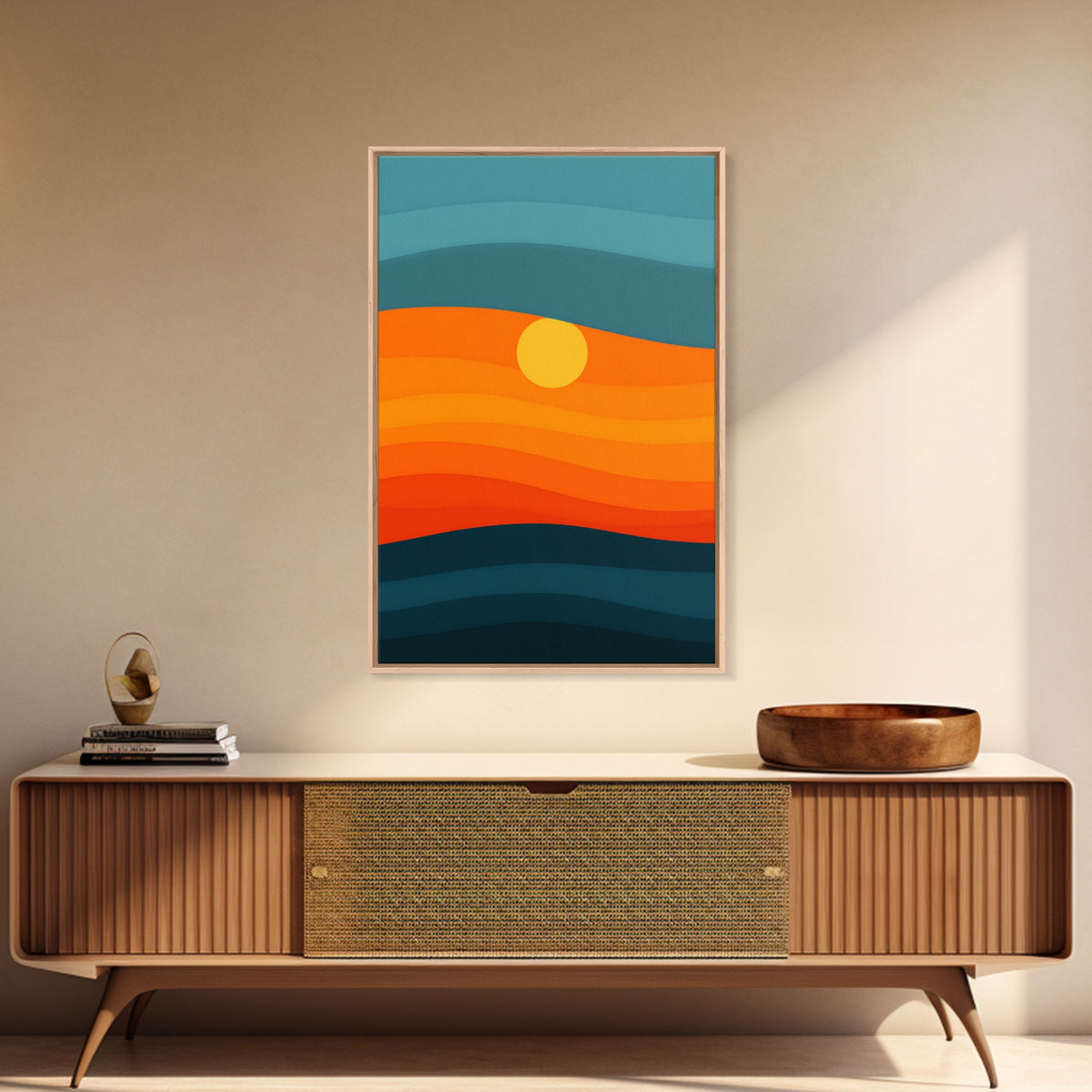 MCM - Mid Century Modern Framed Canvas Print of a Sunset, Gradient Painting Print, Vintage Landscape Art