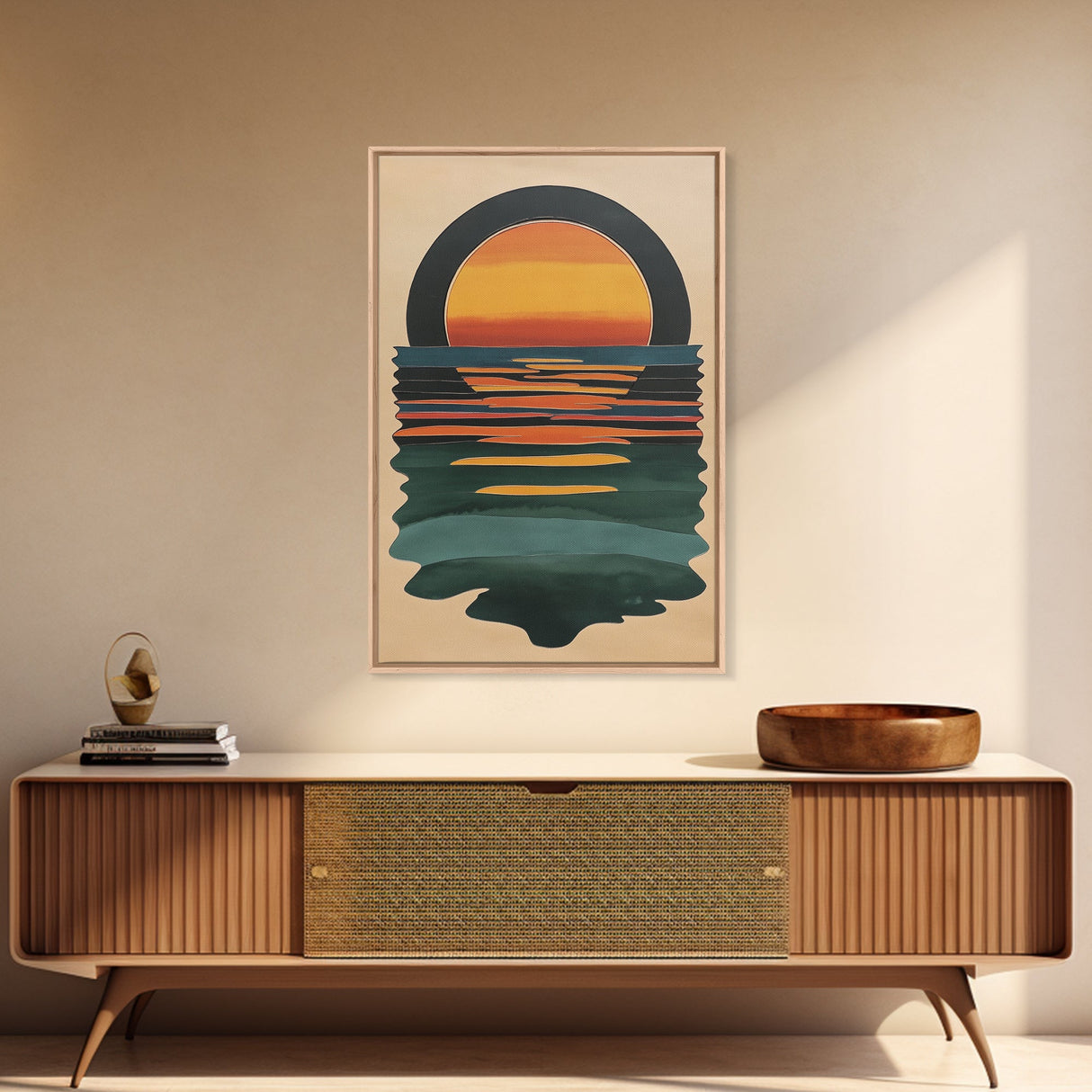 Art Deco Sunset Over The Ocean, Minimalist Home Decor Canvas Print, Emerald Green Ocean With Sunrise, Boho Art