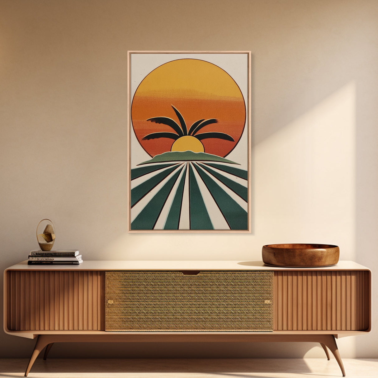 Palm Tree Sunset, Wood Framed Wall Art, Canvas Print, Boho Home Decor, Retro Style Modern Art