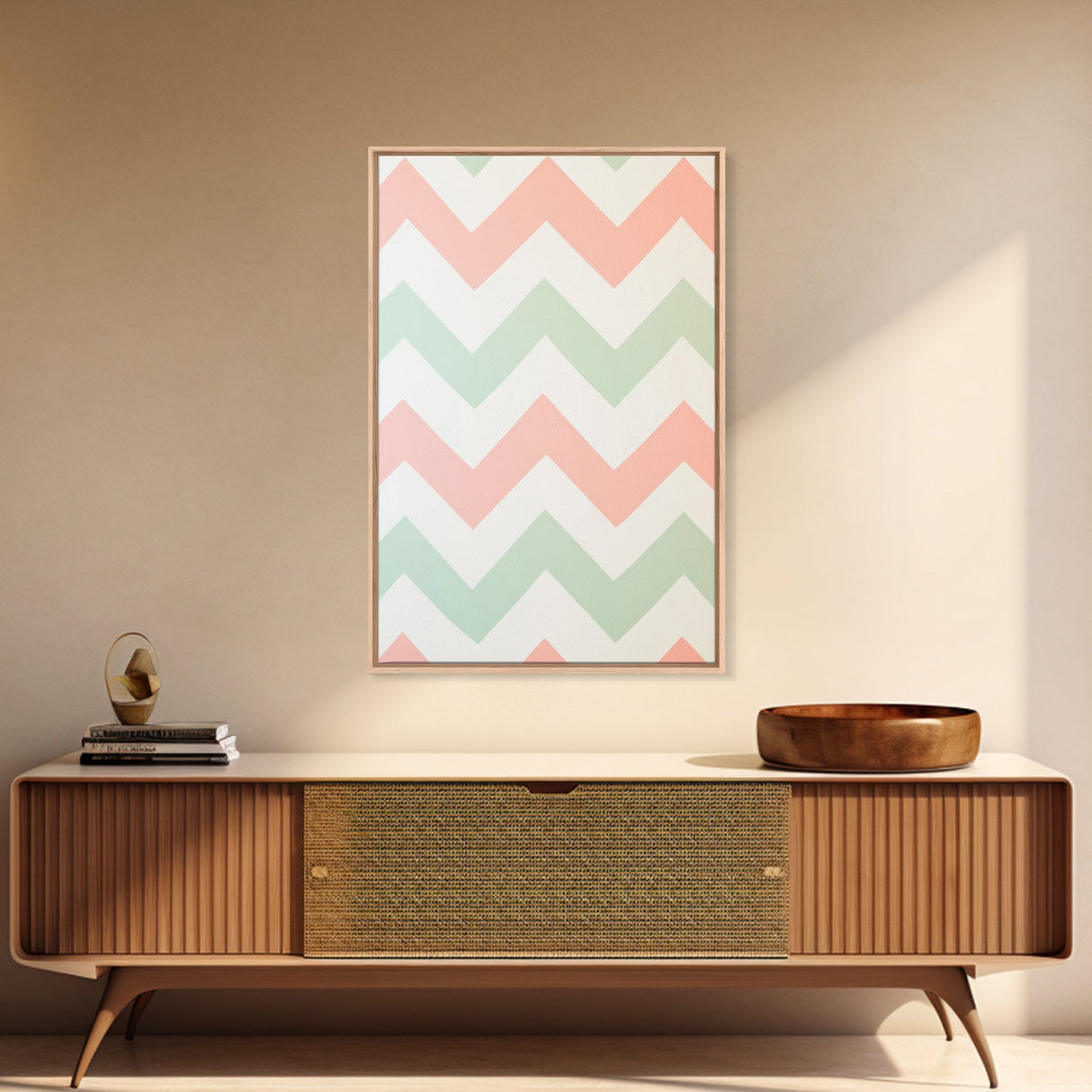 Mint Green and Pink Chevrons, MCM style Mid Century Modern Home Decor, Framed Canvas Print, Whimsical Wall Art