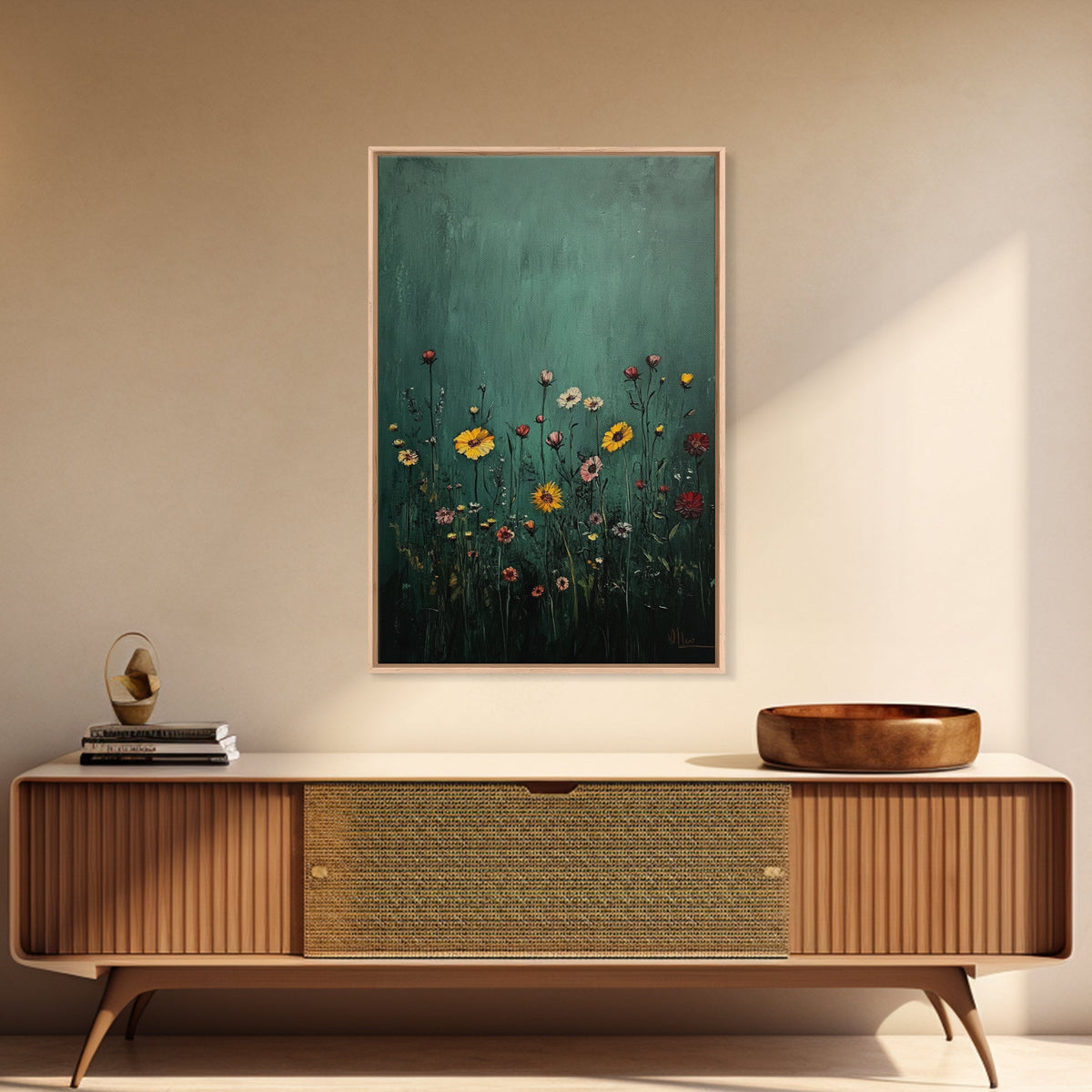 Wildflower Print, Oil Painting Flower Canvas Print Boho Botanical Wall Art, Dark and Moody Home Decor, Minimalist Bouquet