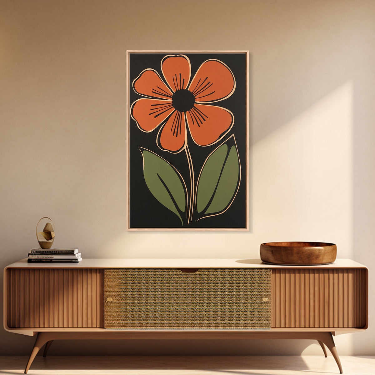 Mid Century Modern Floral Print, Orange Flower on Black Background, Framed Canvas Print