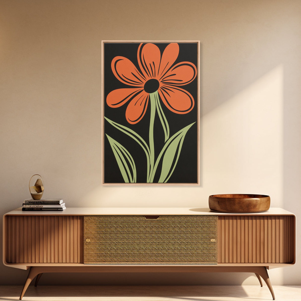 Orange Daisy with Black Background, Framed Canvas Print, Cute Floral Print, Botanical Minimalist Home Decor