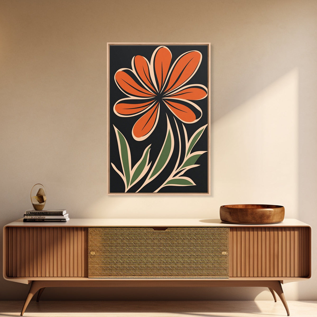 Framed Canvas Wall Art Abstract Botanical Floral Print, Boho Mid-century Modern Floral Canvas Print, Minimalist Boho Modern Art