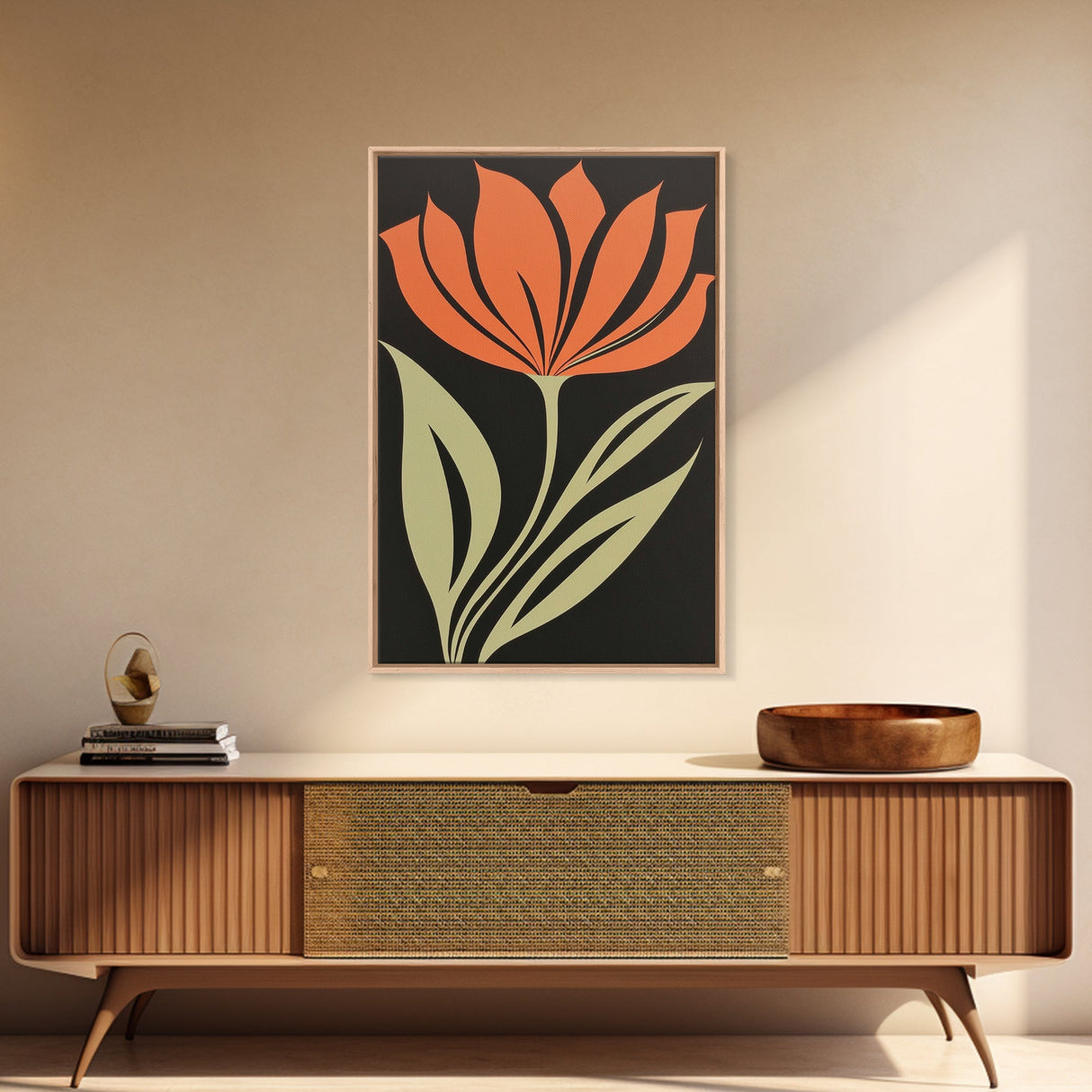 Wood Framed Canvas Print, Orange Wild Flower Botanical Print, Mid Century Modern Home Decor, Modern Farmhouse, Subdued Art
