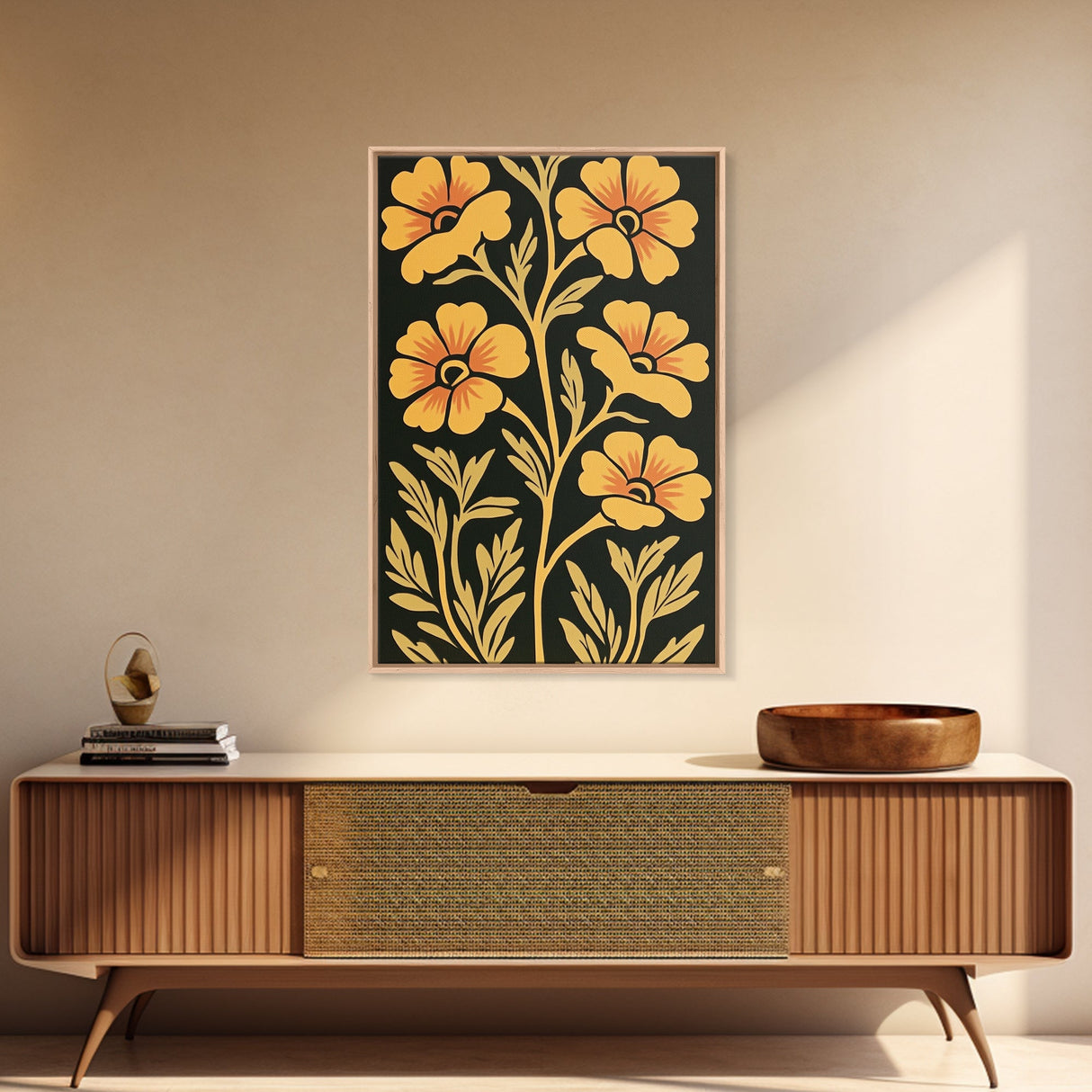 Framed Canvas Wall Art Botanical Print, Yellow Flowers on Black background, Wildflowers, Botanical Floral Modern Art, Boho Decor