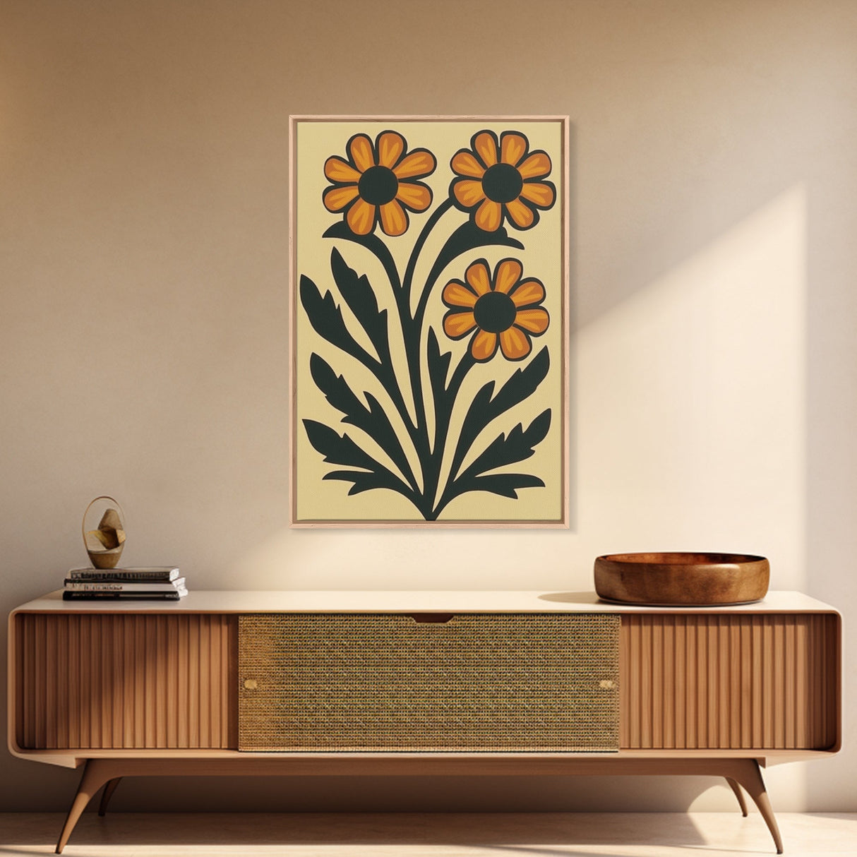 Boho Flower Print Framed Canvas Wall Art Abstract Floral Prints Botanical Minimalist Modern Art Living Room Wall Art Above Bed Decor