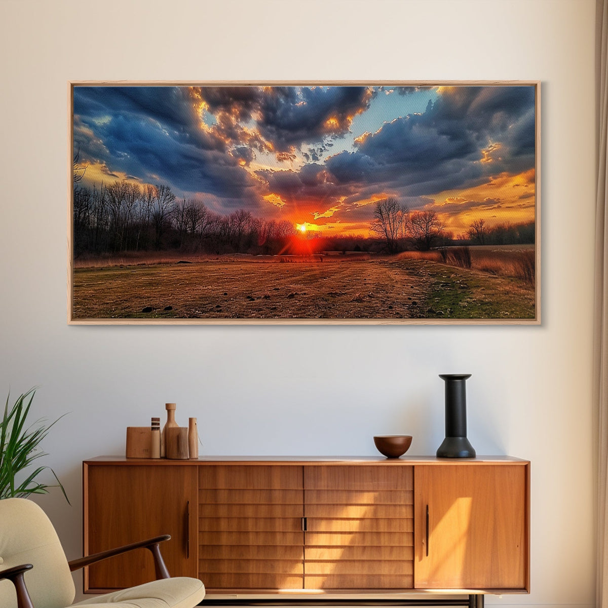 Sunset Over an Oklahoma Field, Framed Canvas Print, Photography Style Wall Art, Beautiful Home Decor