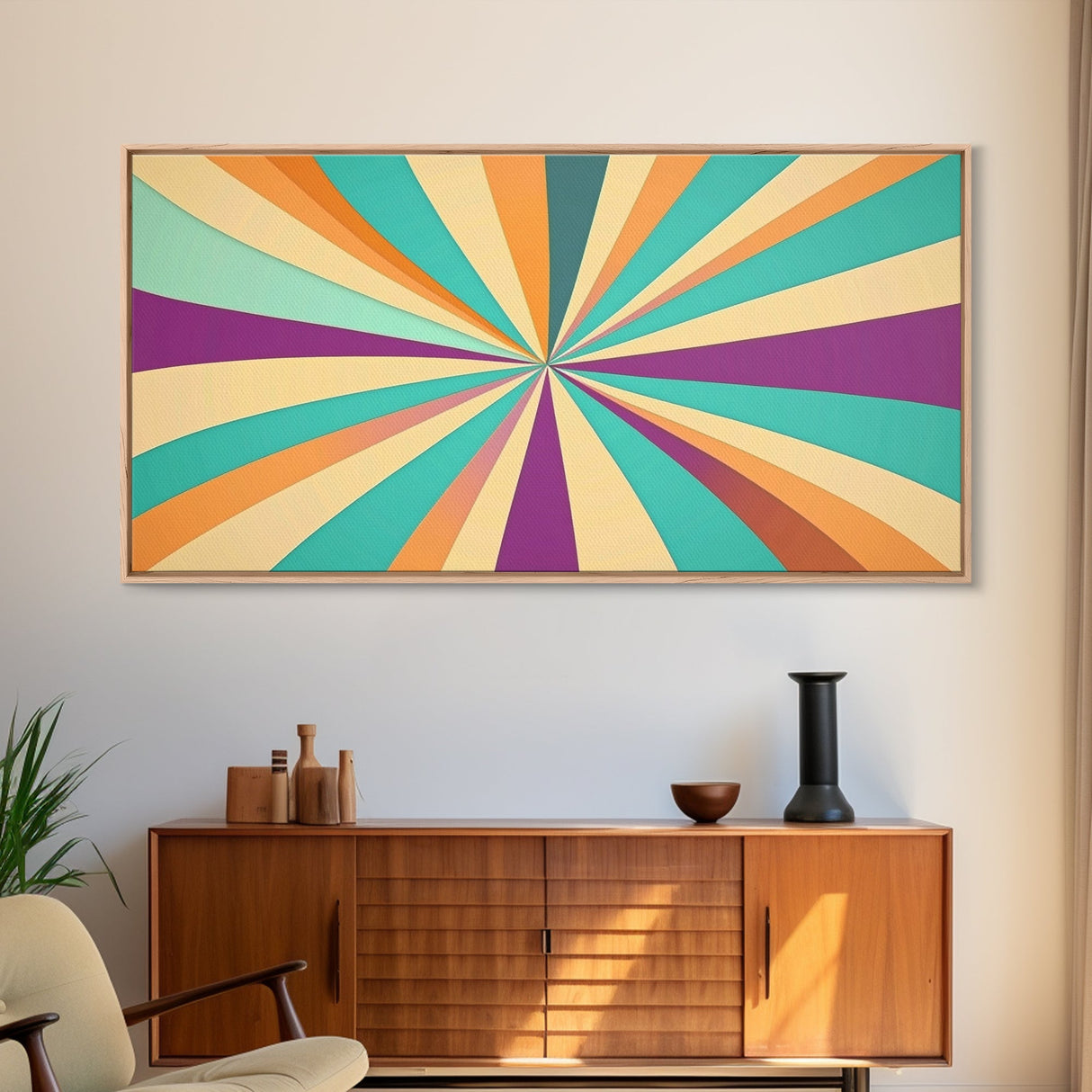 Eclectic Large Original Geometric Mid Century Modern Wall Art Wood Framed Canvas Print, Bright and Colorful Contemporary Art