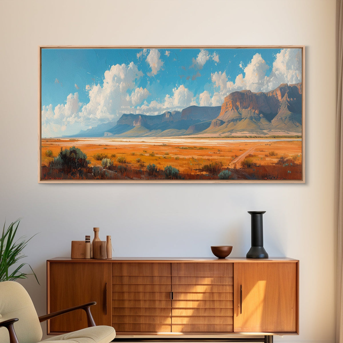 Panoramic Landscape Print Of an Arizona Desert Landscape, Framed Canvas, Rustic Farmhouse Decor, Nature Print, Minimalist Landscape Painting