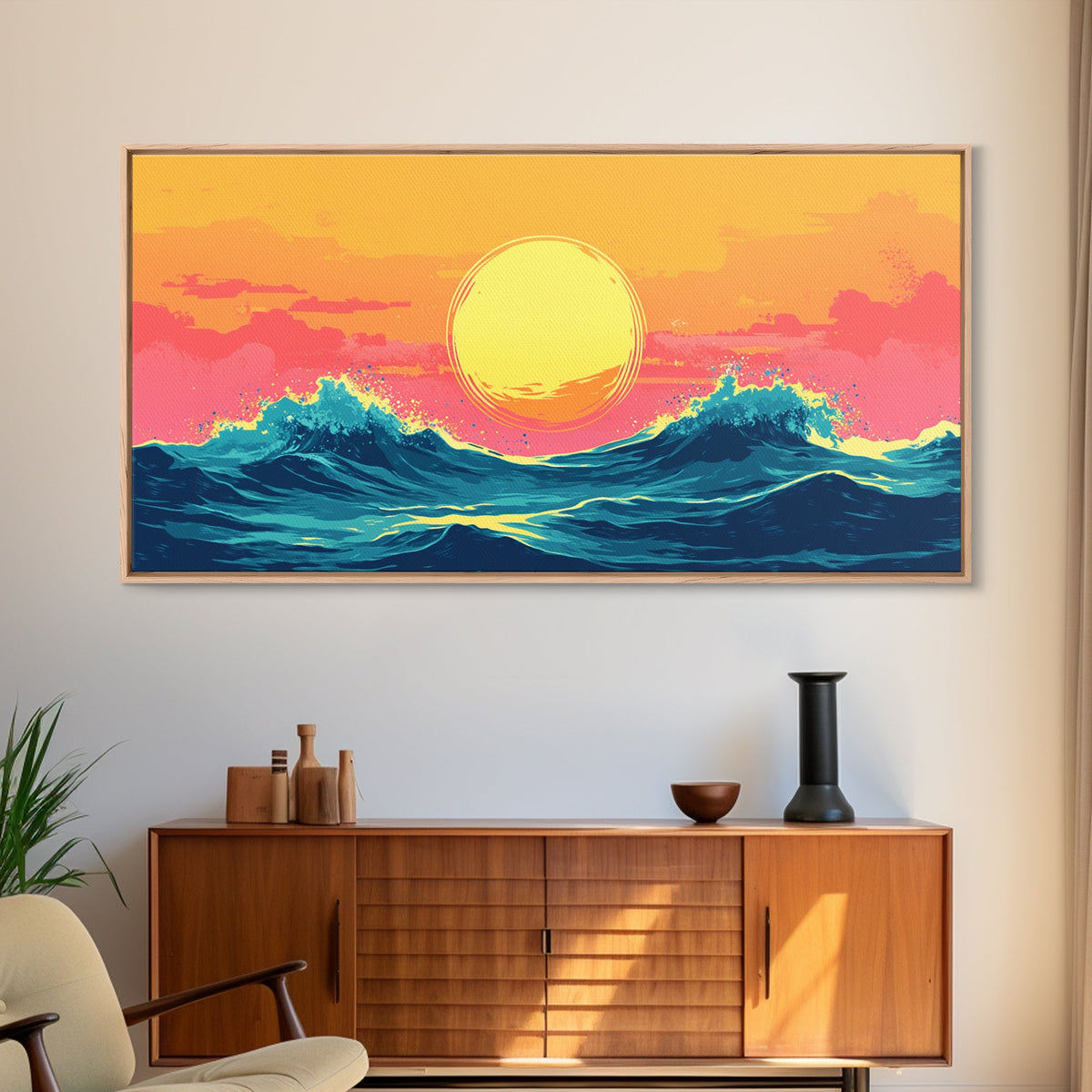 Synthwave Sunset Over Ocean Waves, Framed Canvas Print, Retro 80s Inspired Home Decor Wall Art