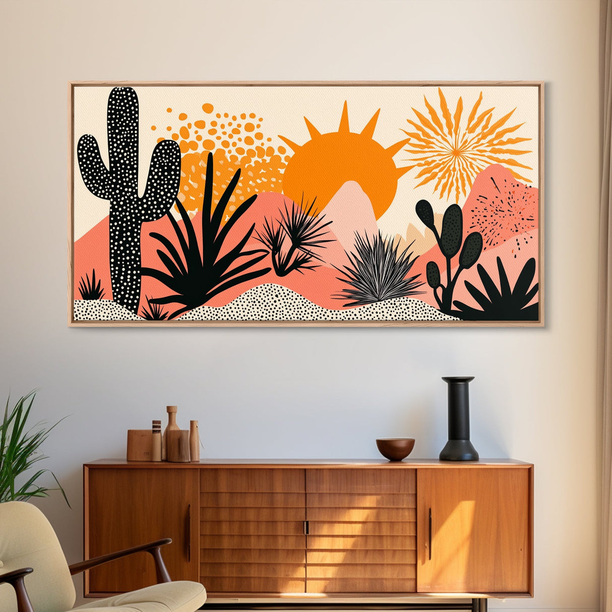 Abstract Southwest Style Wall Art Framed Canvas Print, Cactus and Desert Sunset