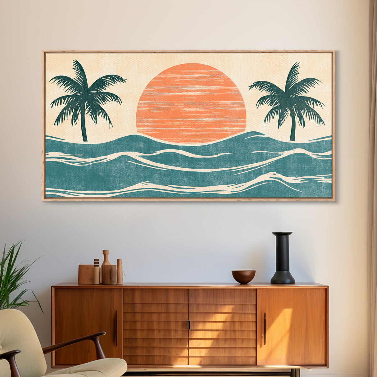 Japanese Wood Block Print Style Sunset and Palm Trees, Framed Canvas Print, Boho Style, Minimalist home Decor