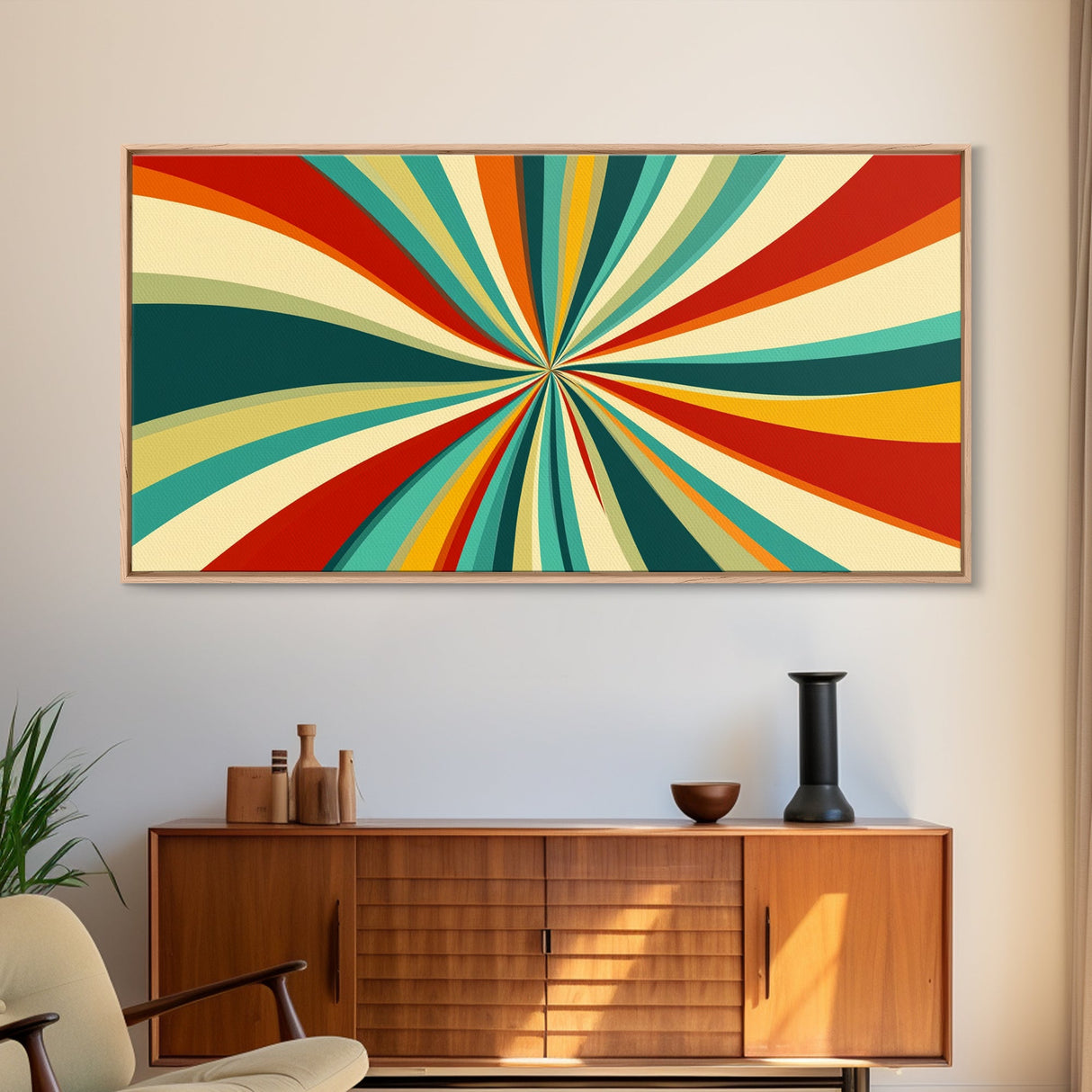 Horizontal Vertical Wall Art Framed Canvas Print, Mid-Century Modern Abstract Spiral Art, Retro Minimalist Pastel Wall Art