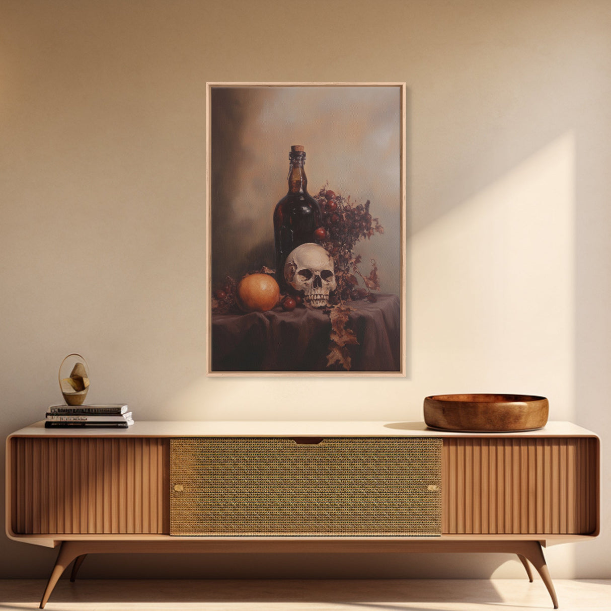 Still Life of a Skull and Wine Framed Canvas Print, Oil Painting Print, Gothic Decor, Dark Academia Macabre Halloween Wall Art, Witchy Decor