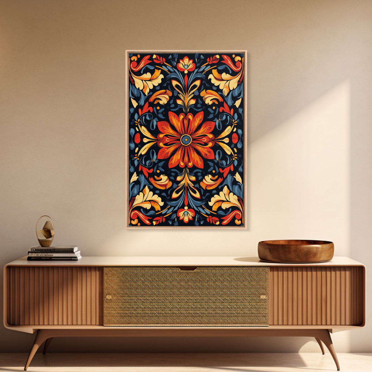 Botanical Floral Tile Pattern Framed Canvas Print, Southwestern Decor, Modern Farmhouse, Pueblo Style Art, Mexicano Chicano Art