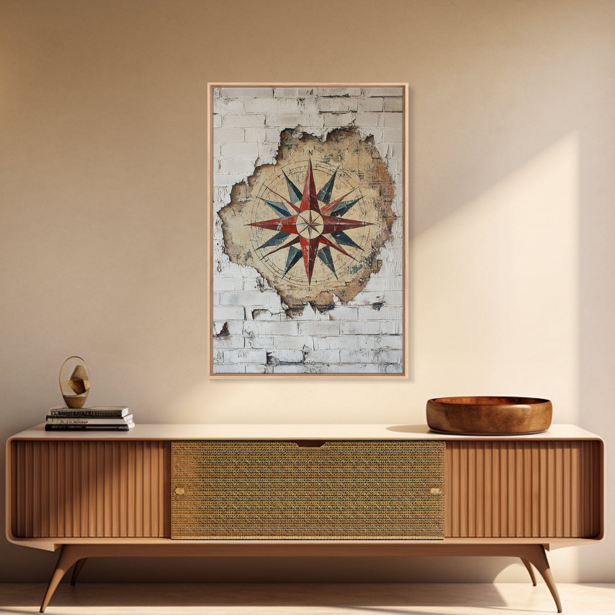 The Compass Rose Behind The Wall Framed Canvas Print, Beach Wall Decor, Travel Decor, Vacation Gift Idea