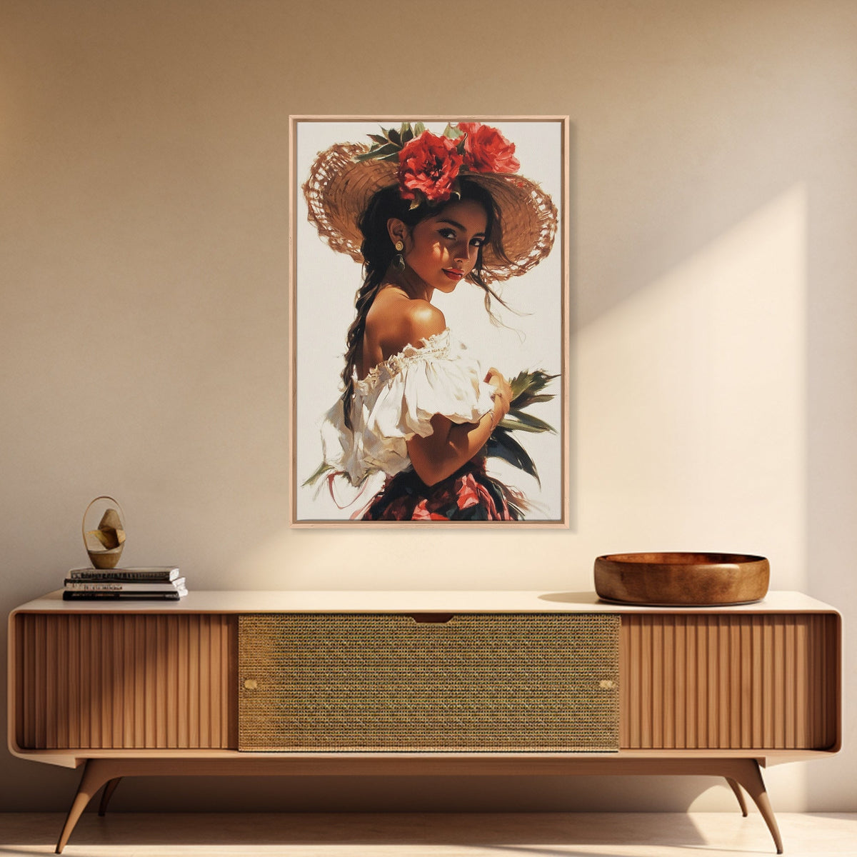 Portrait of a Latina Framed Canvas Print, Mariachi Home Decor, Chicano Painting, Southwestern Modern Art, Tejano Decor, Rustic Mexicano Art