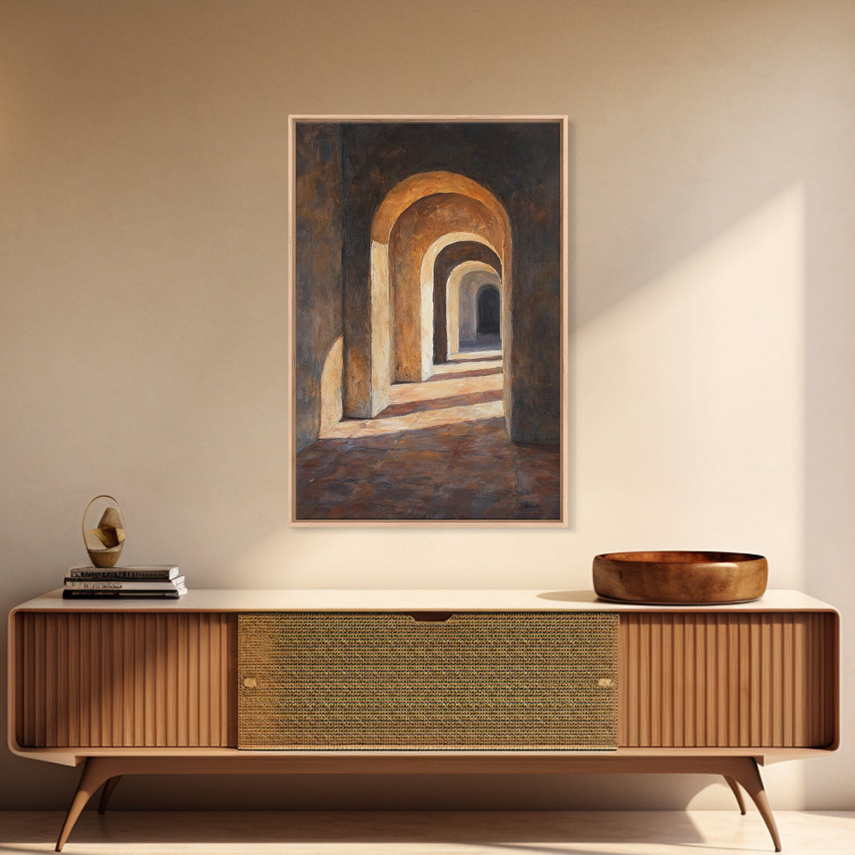 Sunlight Peaks Through the Pillars, Framed Canvas Print, Moroccan Style Wall Art, Moroccan Painting, Paint of Morocco