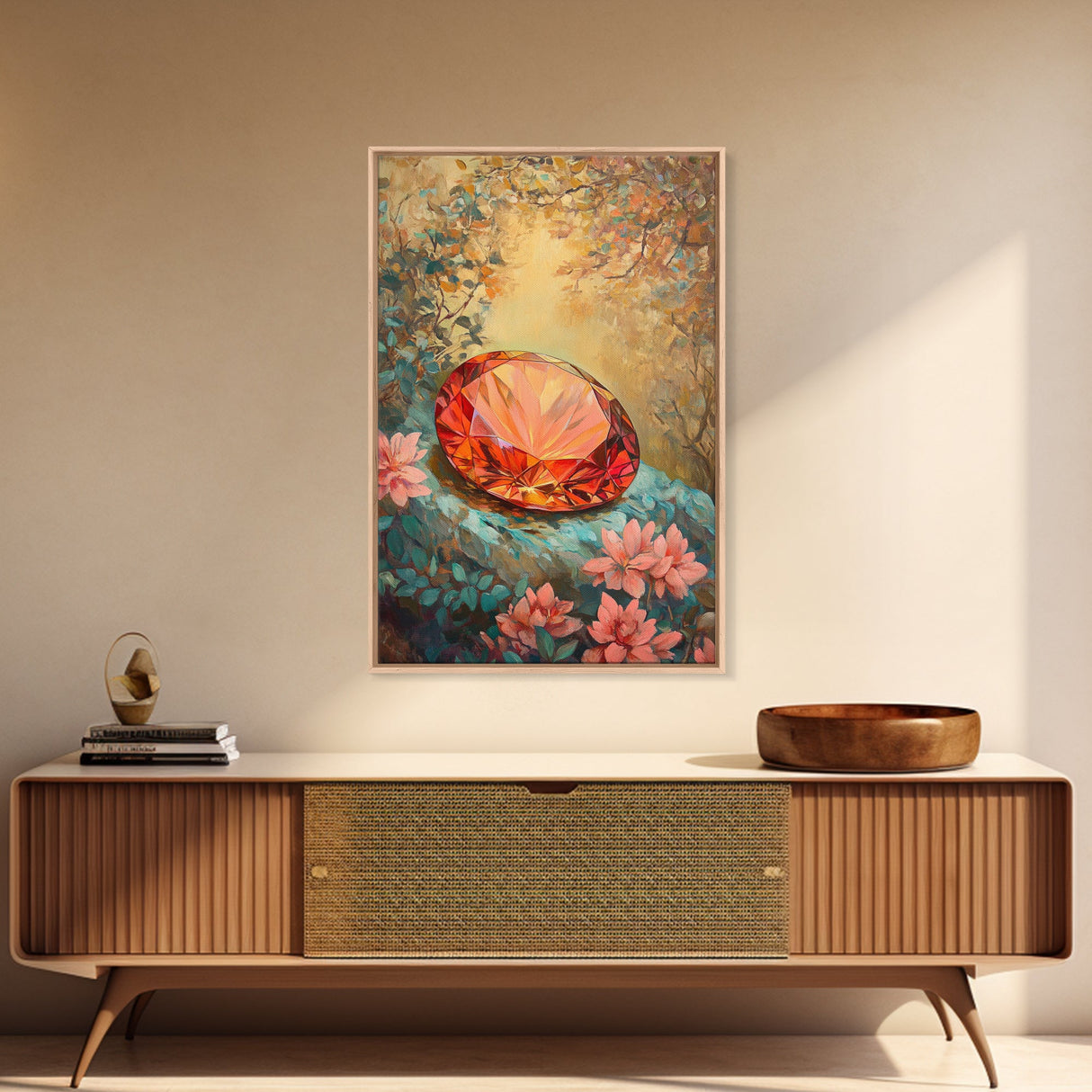 Gemstone Painting Print, Framed Canvas Print, Gemstones Wall Art, Precious Stone Painting, Red Gem, Ruby Painting, Antique Minerals Art