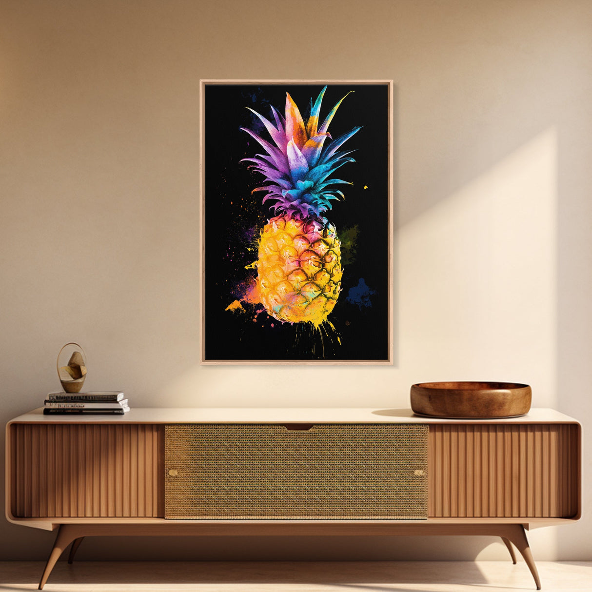 Retro Pineapple Painting Print, Framed Canvas Print, Kitchen or Dining Room Wall Art, Retro Home Decor, Pineapple Painting