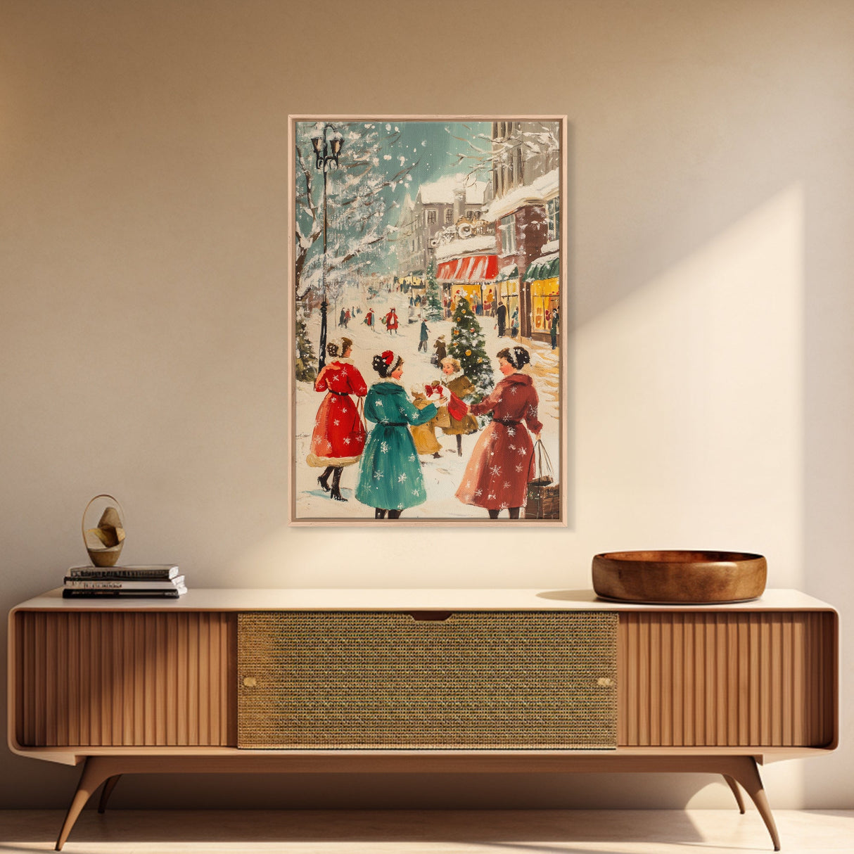 Winter Wall Art Christmas Canvas Print - 1950s Style Post Card Art - Christmas Decor - Christmas Shoppers In The Streets - Christmas Village Art