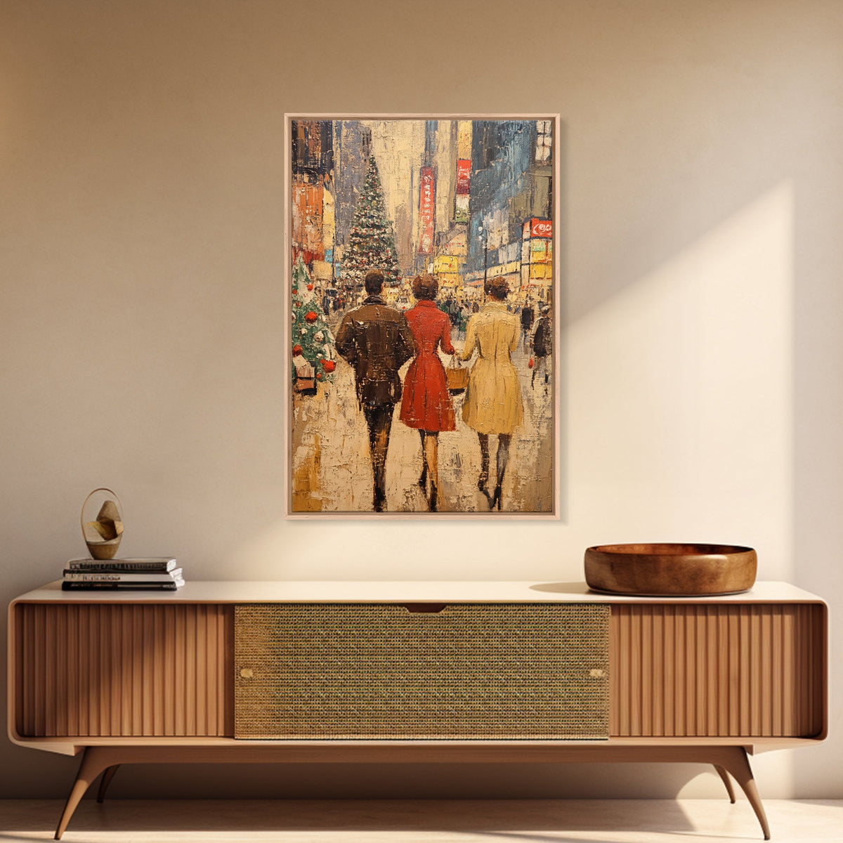 Retro Christmas Town Scene with Shoppers Walking The Streets, Framed Canvas print, Holiday Street Decor, Framed Canvas Winter Wall Art
