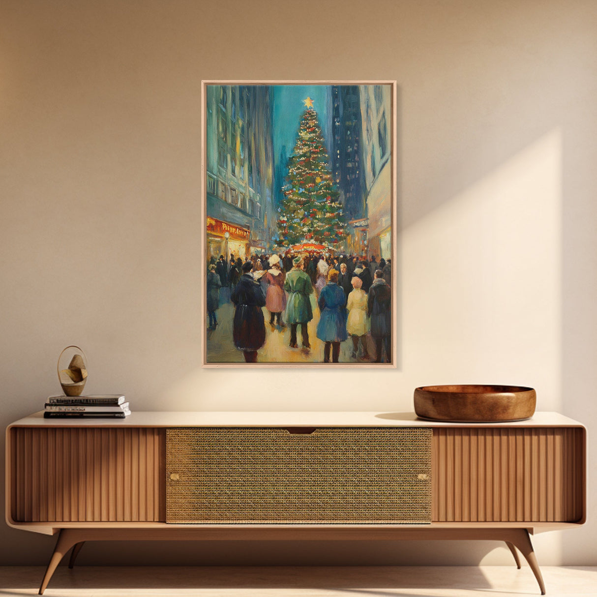 Christmas in Town Sqaure Framed Canvas Print, Retro Christmas Village Wall Art, Christmas Decor, Christmas Wall Art, Farmhouse Christmas