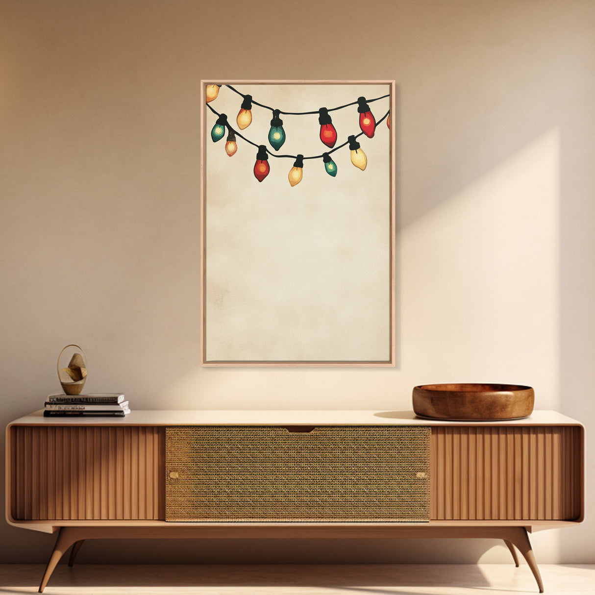 Drawing of Retro Christmas Lights Canvas Print - Framed Canvas - Minimalist Christmas Art - Boho Christmas Art - Rustic Christmas Art