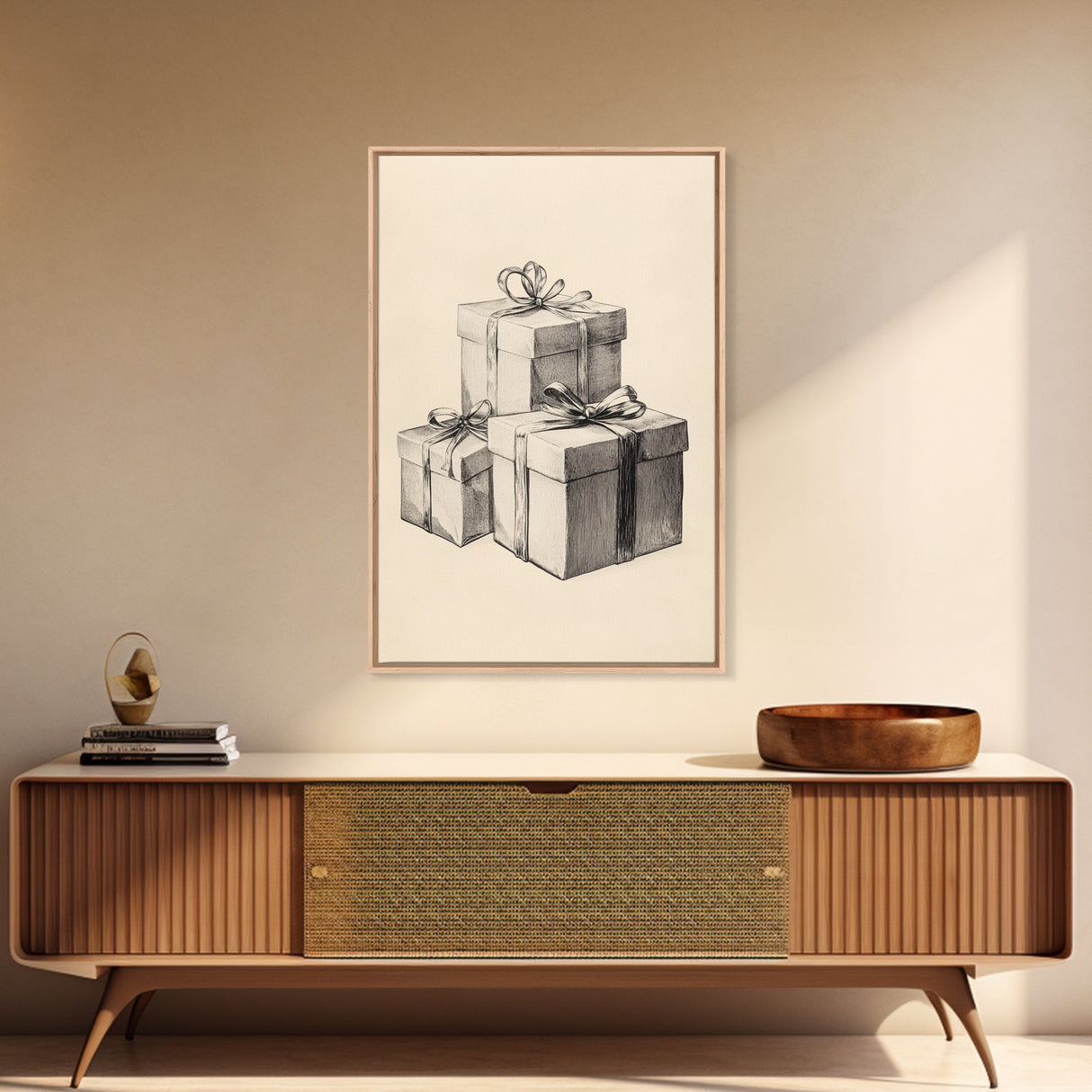 Sketch of Christmas Gifts Canvas Print - Framed Canvas - Minimalist Christmas Art - Boho Christmas Art - Rustic Christmas Art