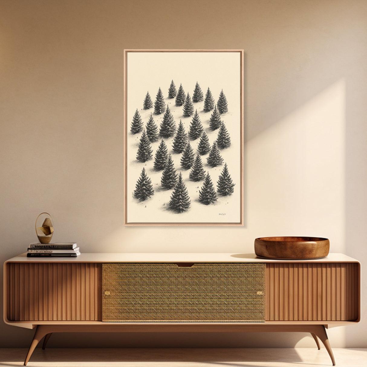 Sketch of a Christmas Tree Farm Canvas Print - Framed Canvas - Minimalist Christmas Art - Boho Christmas Art - Rustic Christmas Art