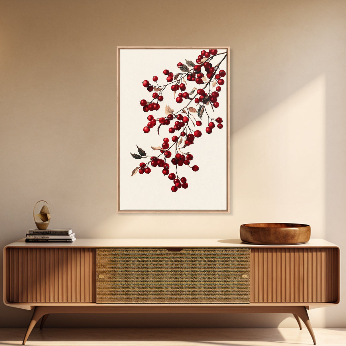 Vintage Holly Berries Canvas Print - Framed Canvas - Minimalist Christmas Art - Boho Christmas Art - Rustic Christmas Art