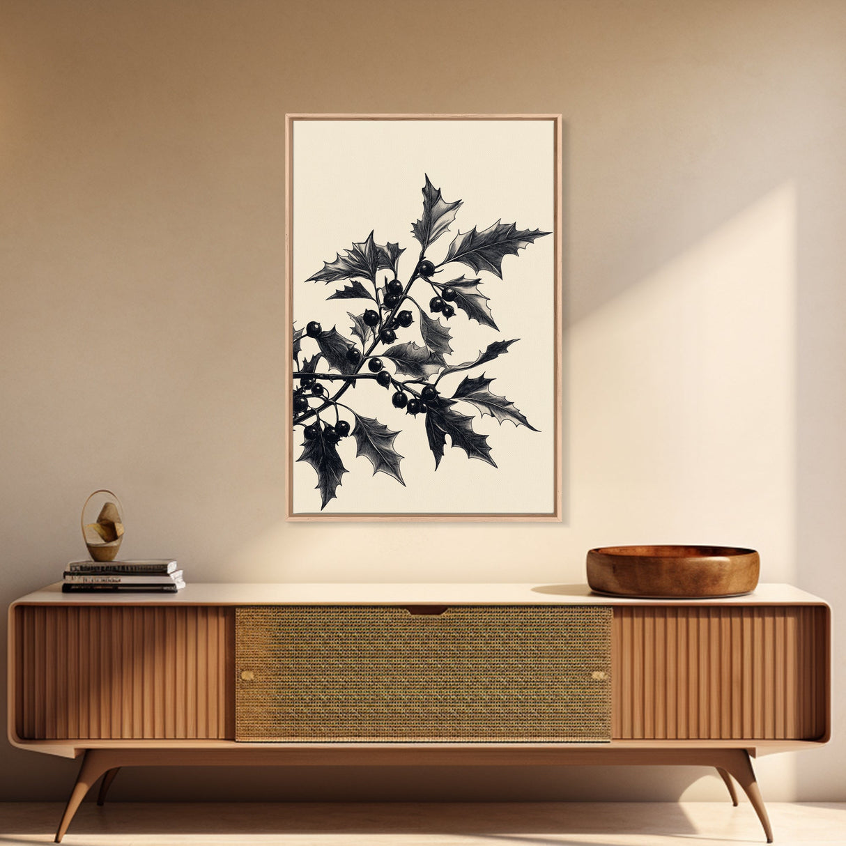 Vintage Holly Branch Canvas Print - Framed Canvas - Minimalist Christmas Art - Boho Christmas Art - Rustic Christmas Art