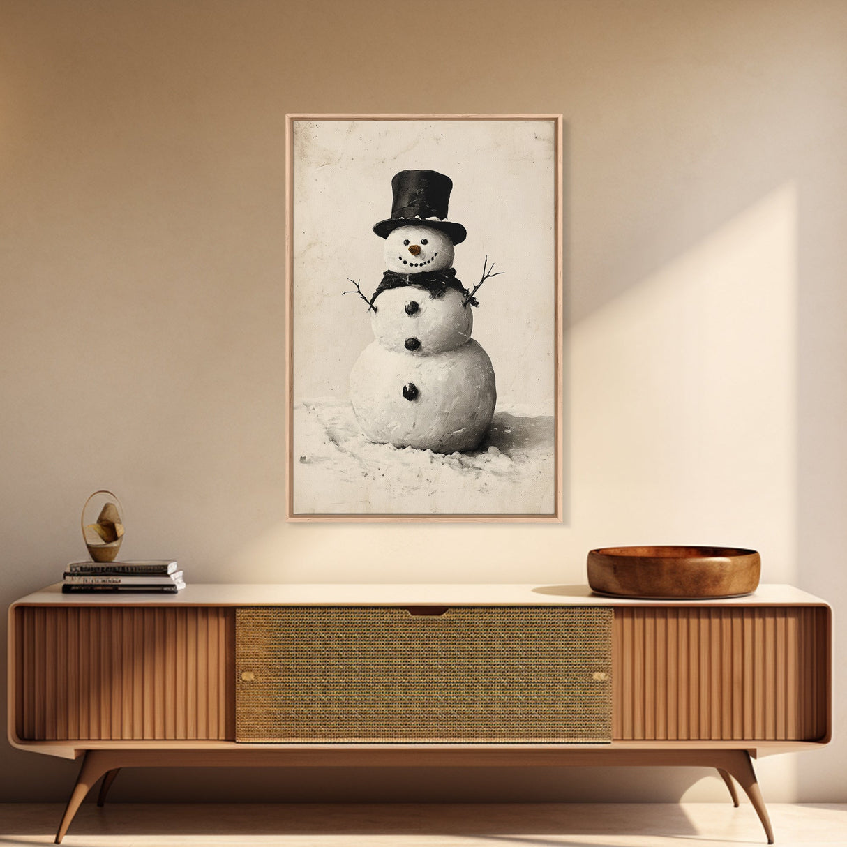 Christmas Snowman Sketch Canvas Print - Framed Canvas - Minimalist Christmas Art - Boho Christmas Art - Rustic Christmas Art