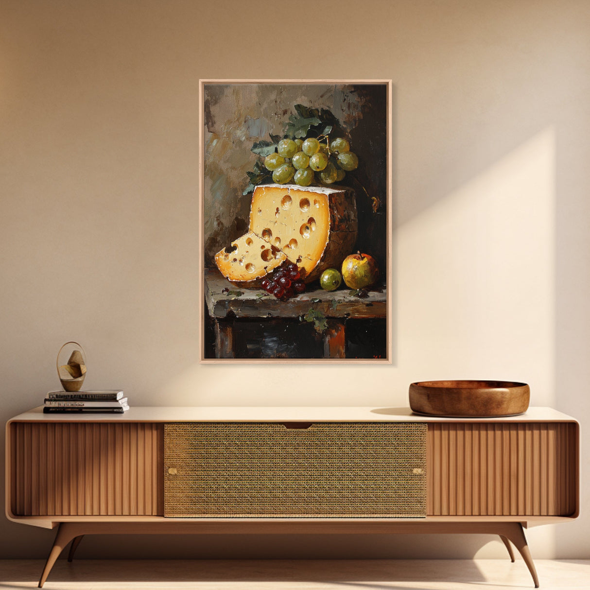 Vintage Still Life of Cheese Canvas Print, Retro Kitchen Wall Art, Cheese Painting, Dining Room Wall Art