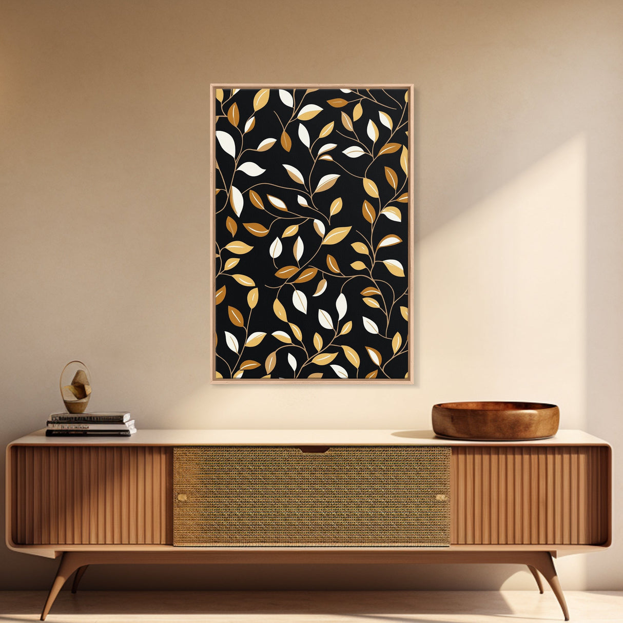 Ivy Leaves Framed Canvas Print, Mid Century Modern Pattern art, Botanical Print, Botanical Wall Art, Black Background