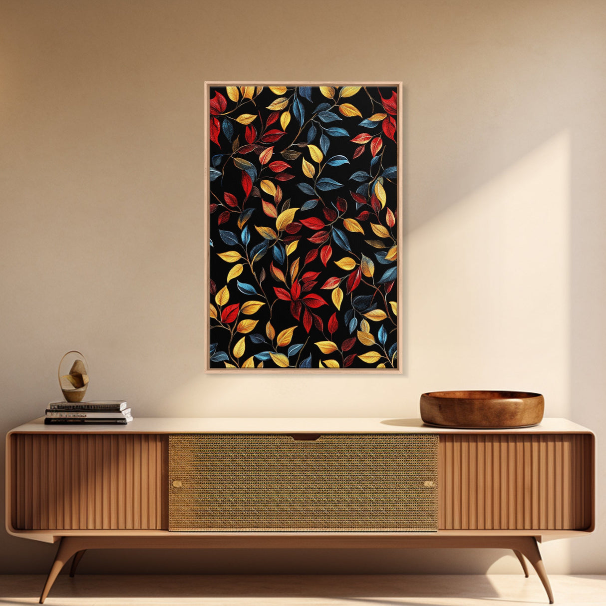 Botanical Fall Leaves Art Print On Canvas with Wood Frame, Black Background, Retro Style Home Decor