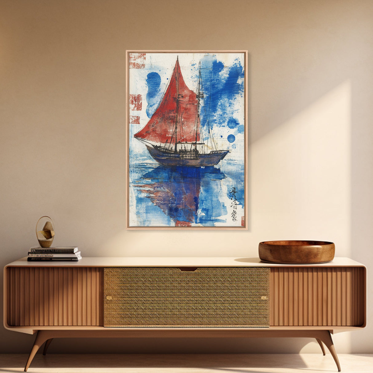 Japanese Sail Boat Watercolor Painting Print, Wood Framed Canvas Print, Wabi Sabi Nautical Wall Art, Lake House Art