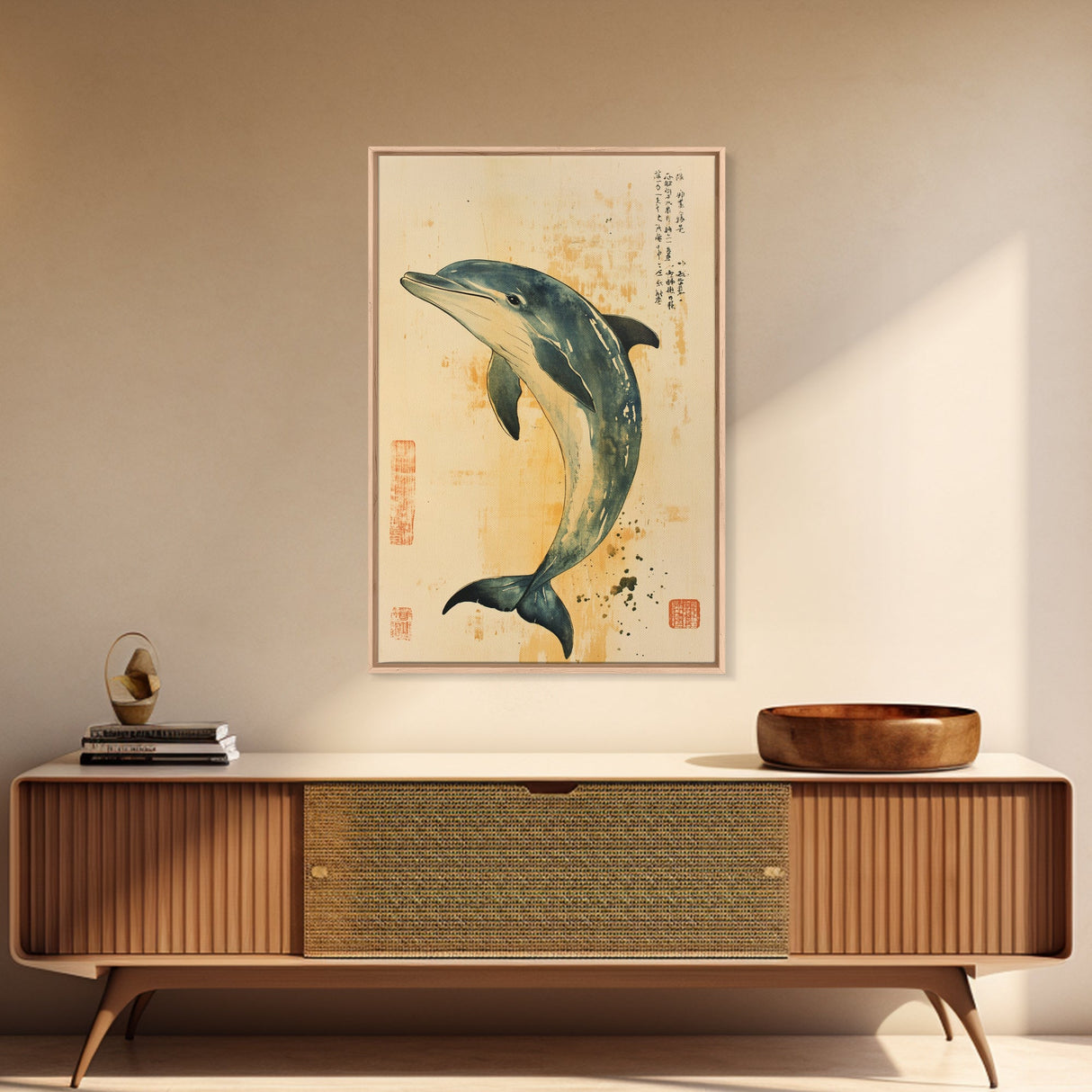 Japanese Style Dolphin Print, Nautical Decor, Framed Canvas Print, Dolphin Painting, Dolphin Art, Gift For Him, Office Art