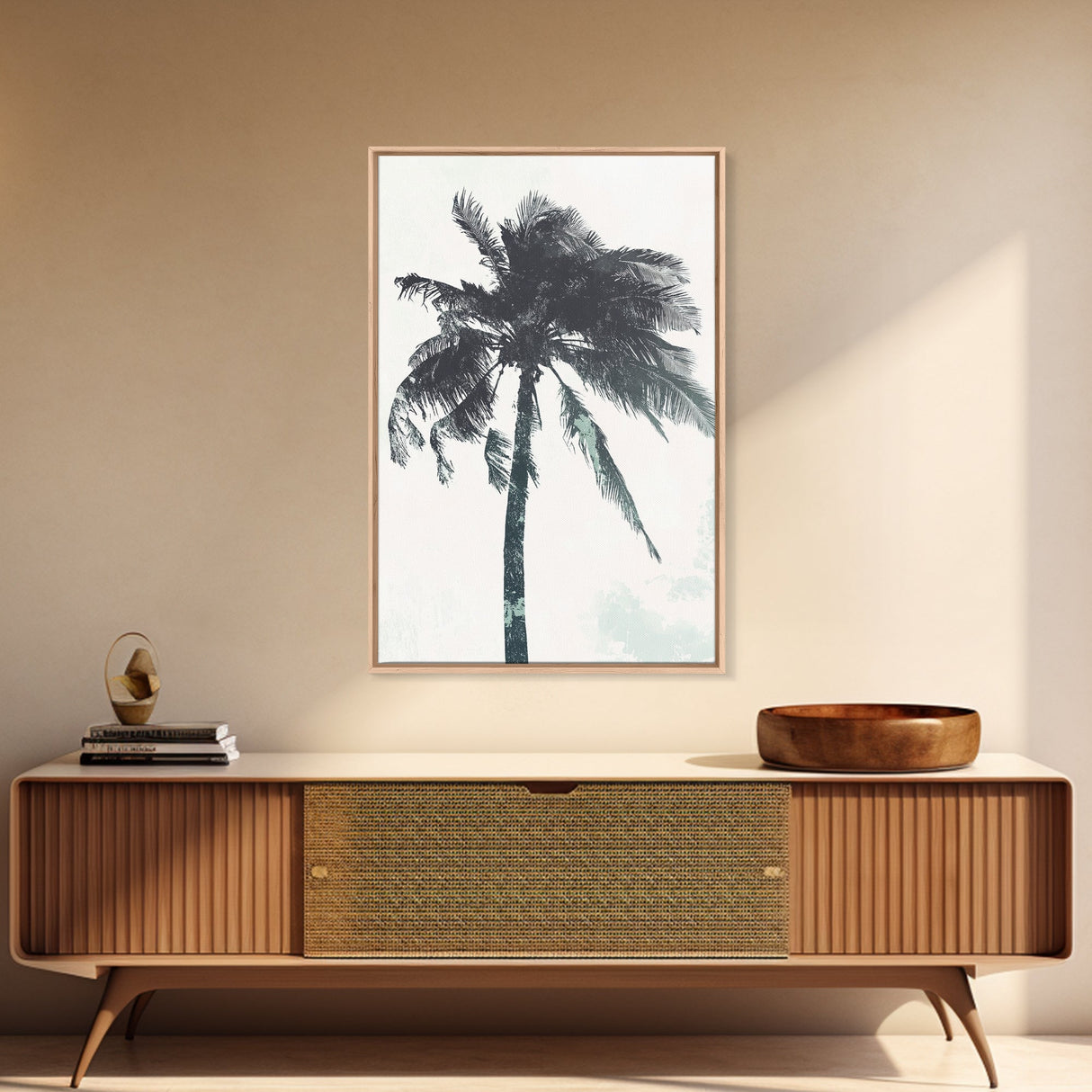 Palm Tree In The Wind, Framed Canvas Print, Wabi Sabi Watercolor Painting of a Palm Tree, Statement Piece Art