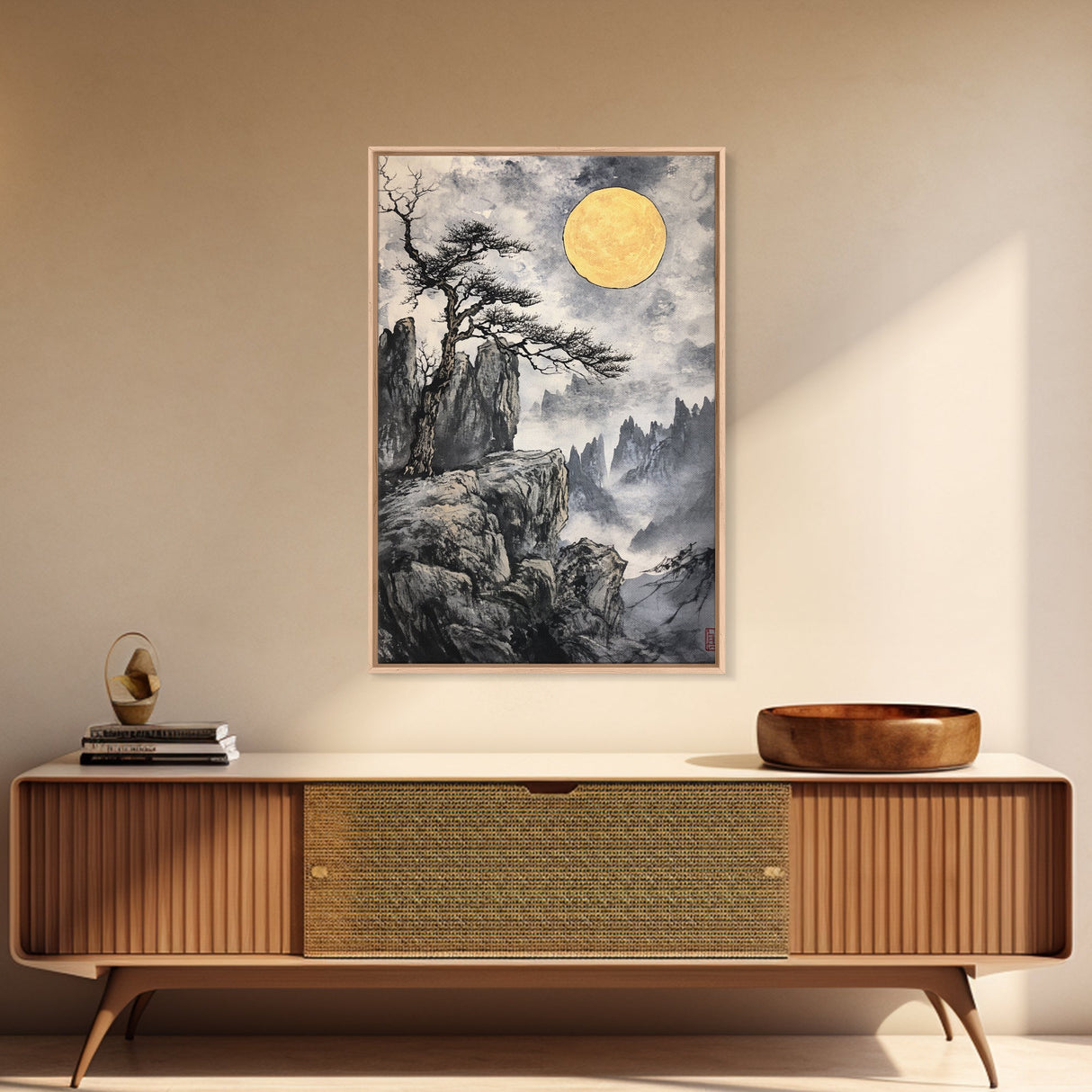 Wabi Sabi Landscape Painting Print - Japanese Style Decor - Japanese Style Art - Bonzai Tree Under a Full Moon
