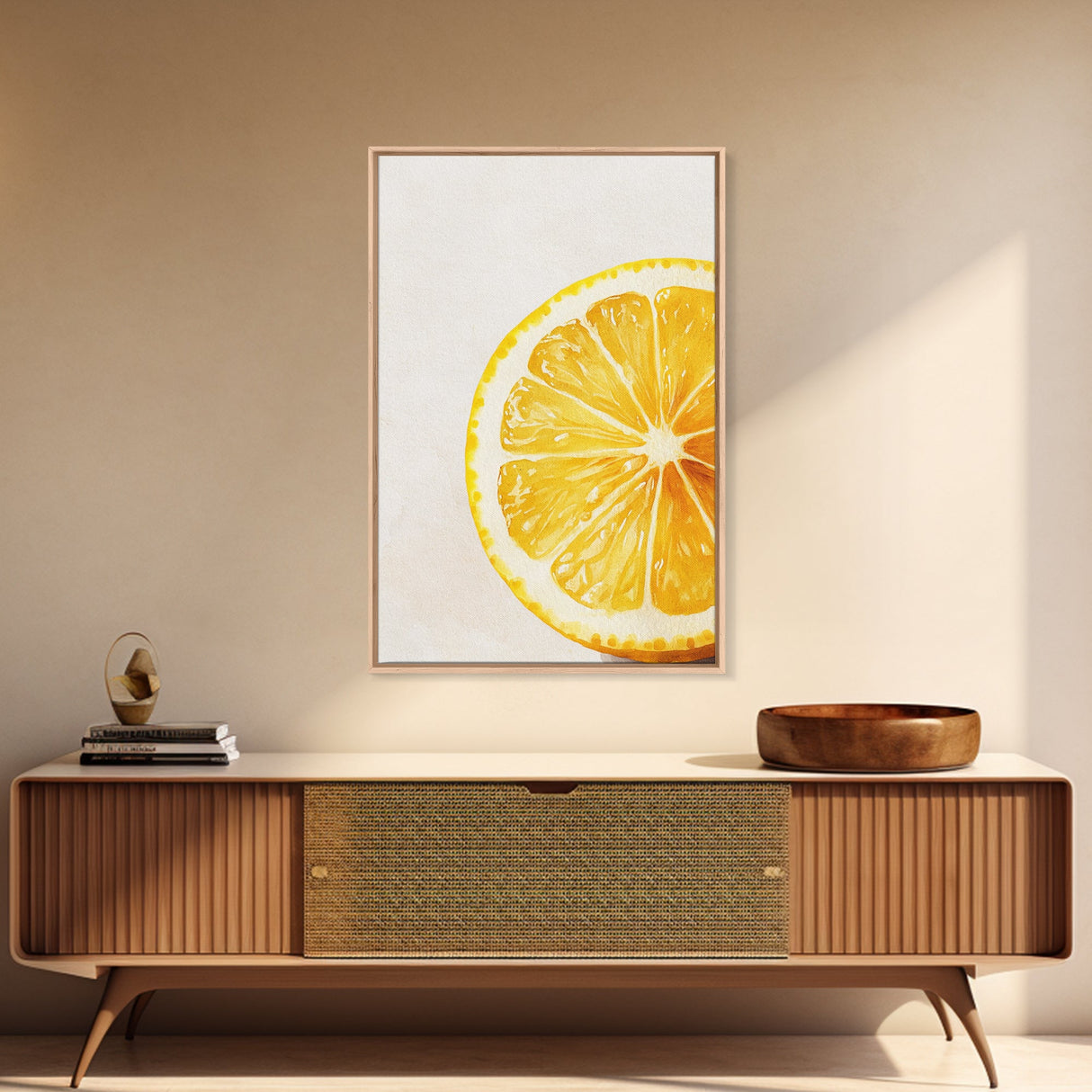 Closeup of a Lemon Wedge Framed Canvas Print, Original Still Life Painting of a Lemon, Housewarming Gift, Kitchen Food Wall Art, Kitchen Decor