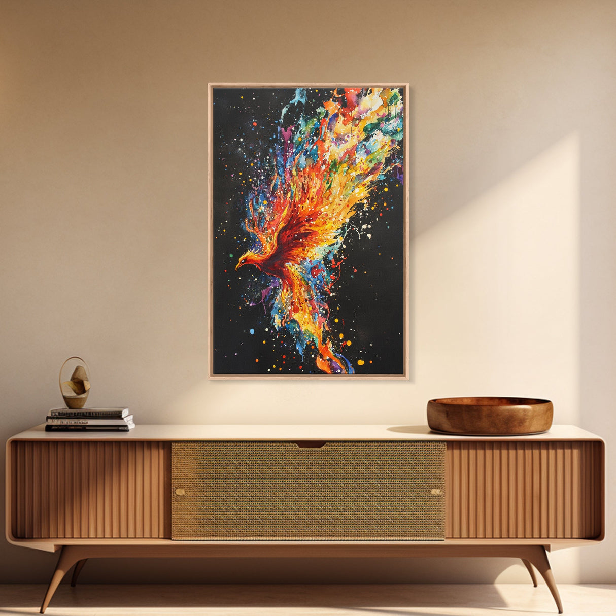 Rainbow Phoenix In Flames, Retribution, Framed Canvas Print, The Phoenix, Framed Wall Art, Original Painting Phoenix