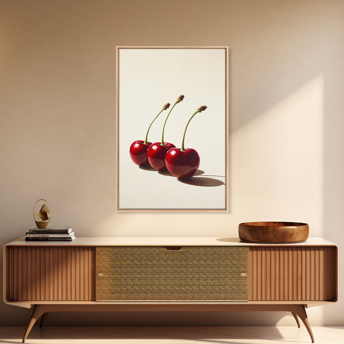 Three Cherries Framed Canvas Print, Cherry Painting, Cherry Wall Art, Ready To Hang Painting, Framed Wall Art, Photorealism, Fruit Art