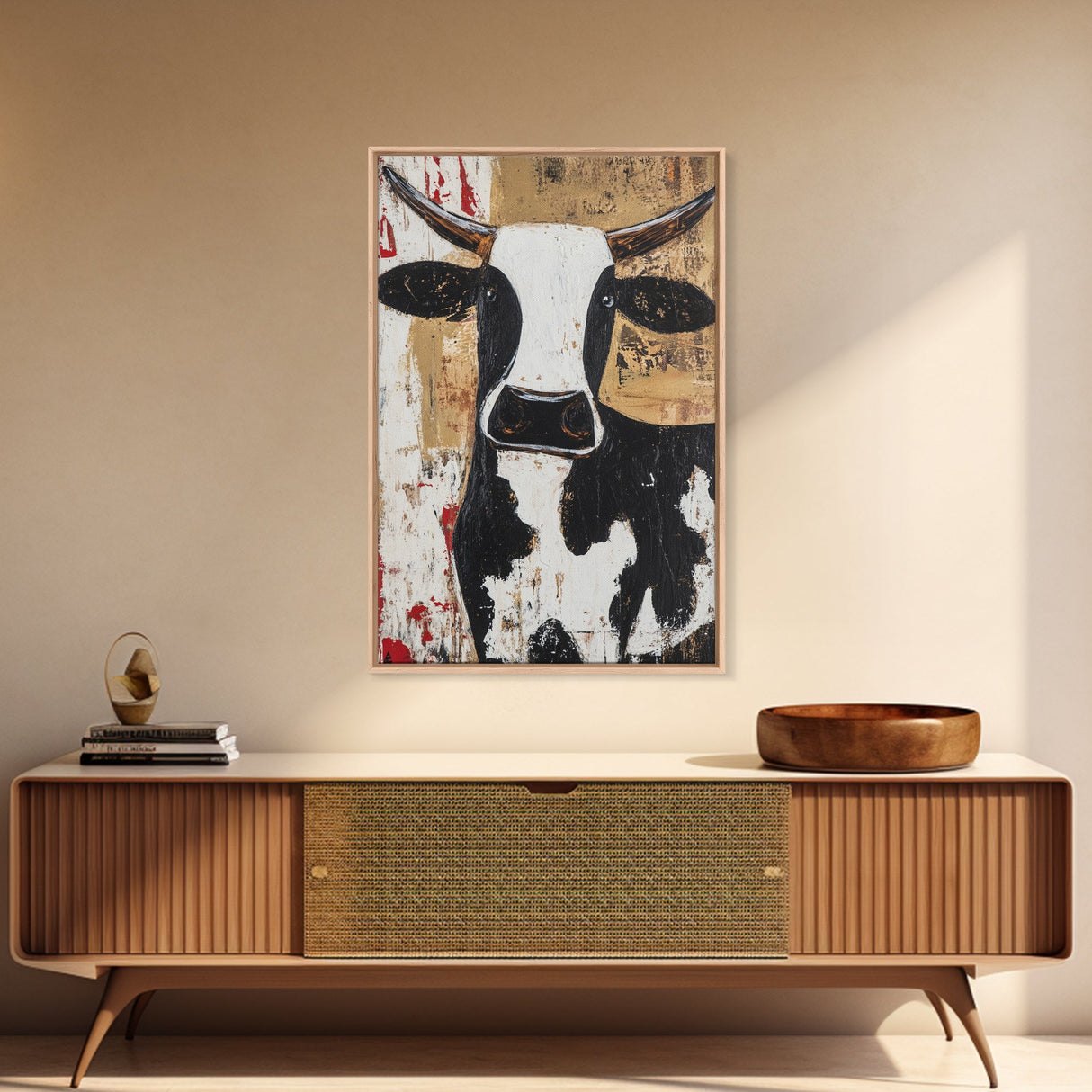 Moo Cow Wall Art, Wabi Sabi Canvas Print, Japanese Style Decor, Minimalist Cow Wall Art, Farmhouse Decor