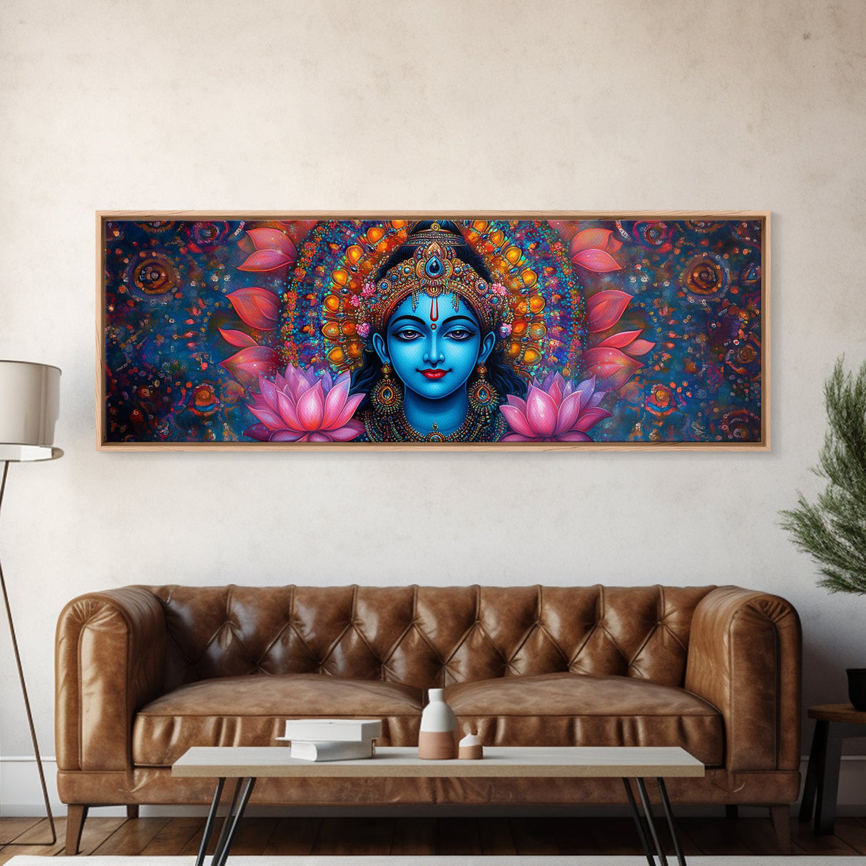 Krishna Painting Print, Ready To Hang Canvas Wall Art, Radha Krishna Art, Panoramic Art, Extra Wide Horizontal Art, Hinduism Wall Art