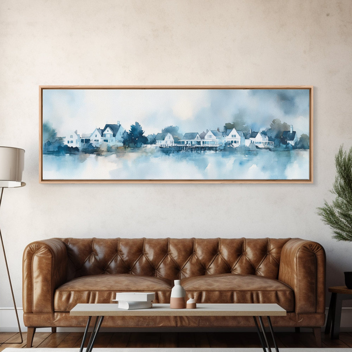 Horizontal Painting Print of Nantucket, Framed Canvas, Nautical Decor, Seascape landscape painting, Panoramic Nantucket Wall Art