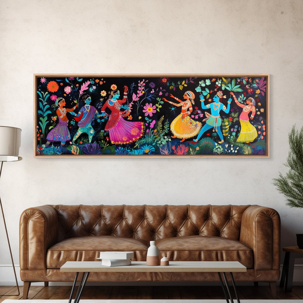 Kerala Style Art Canvas Print, Kerala Mural Painting Print, Panoramic Horizonal Wide Wall Art, Kerala Painting Mural